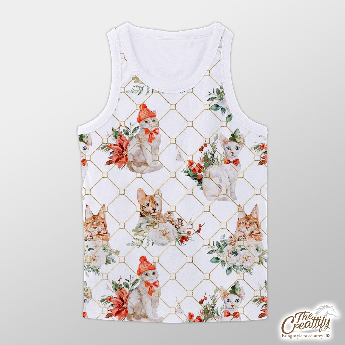Cute Cat With Christmas Hat And Rose Flower Seamless Light Pattern Unisex Tank Top