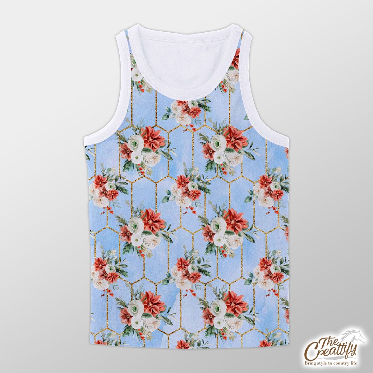 Rose Flower With Christmas Tree Branch And Mistletoe Seamless Pattern Unisex Tank Top