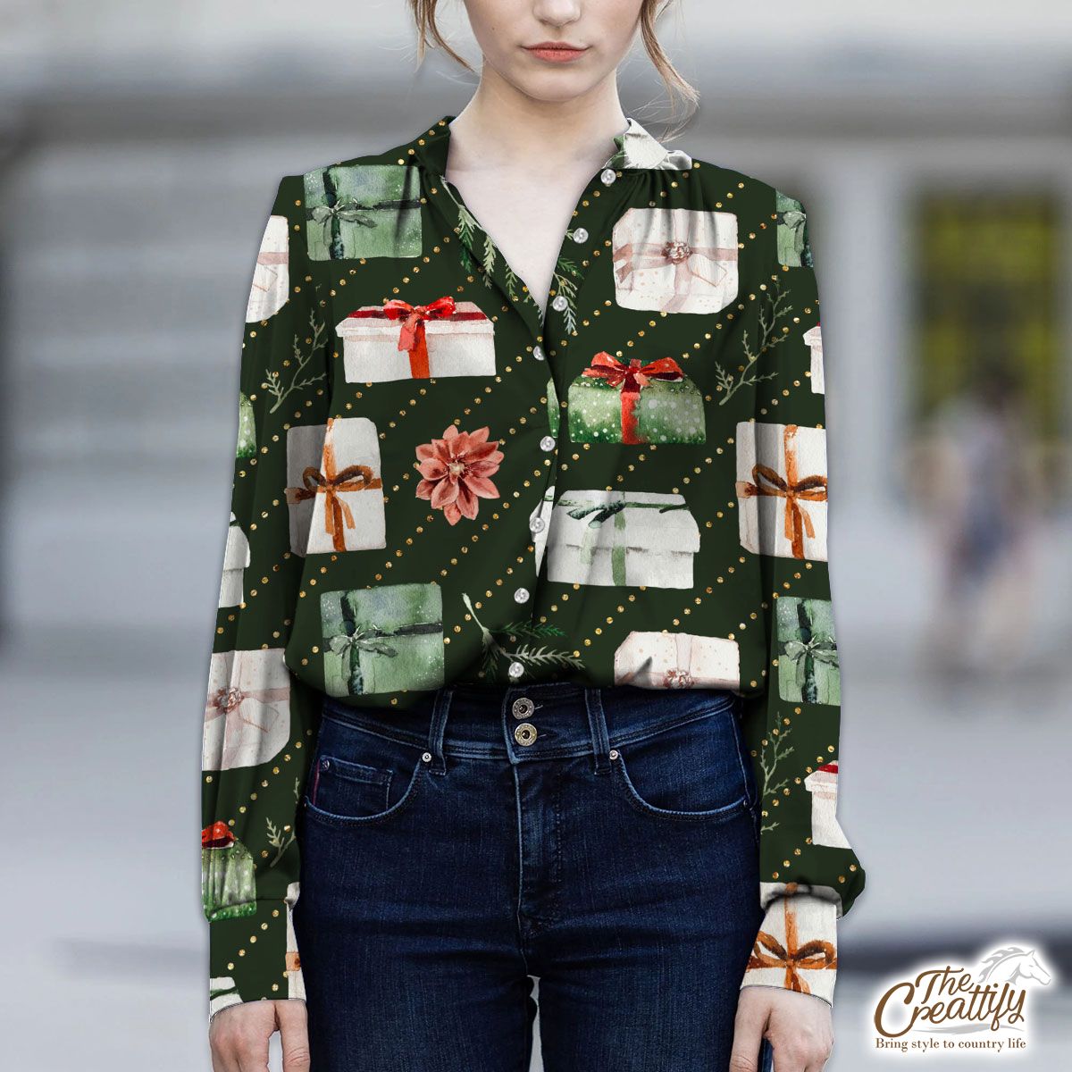 Christmas Gifts, Tree Branch Seamless Green Pattern V-Neckline Blouses