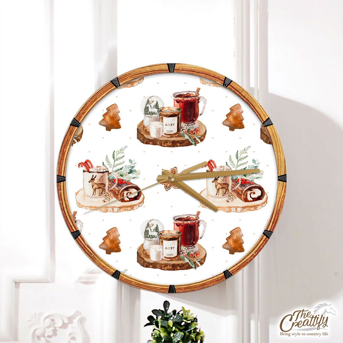 Christmas Candles, Snow Globe, Hot Cocoa, Gingerbread And Cake White Pattern Wall Clock