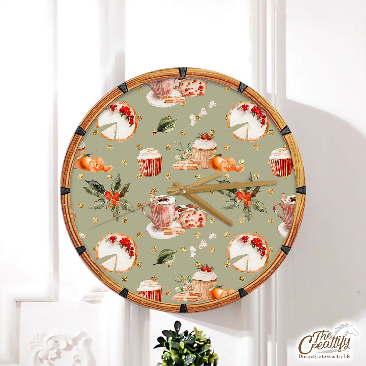 Christmas Cupcakes, Hot Cocoa, Cinnamon, Orange And Holly Leaves Seamless Pattern Wall Clock
