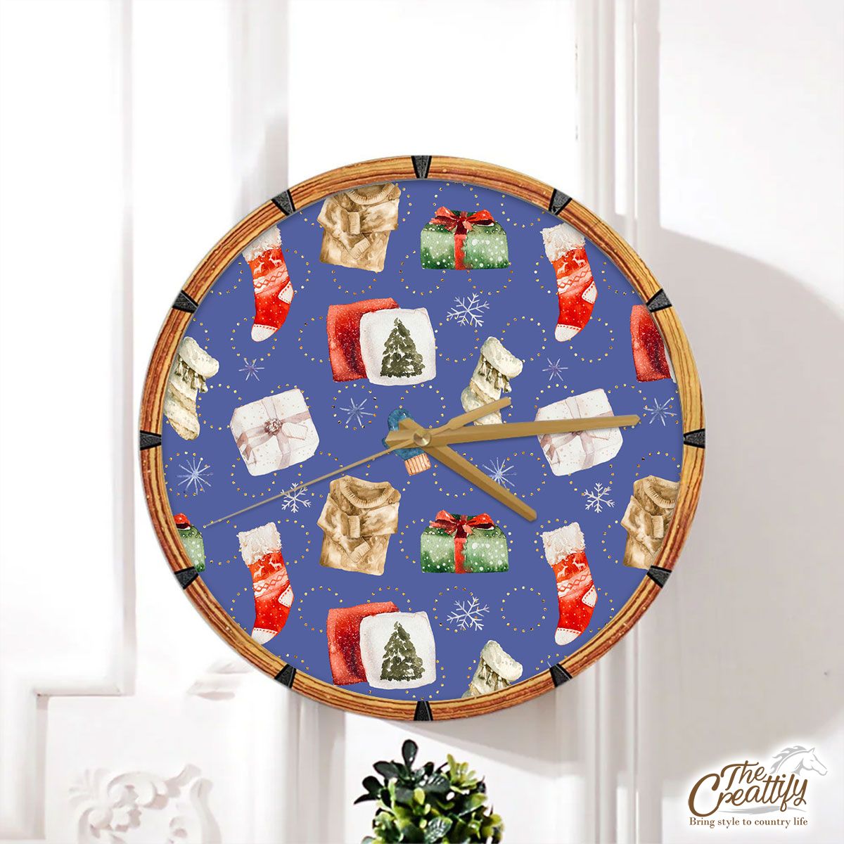 Christmas Gifts, Red Socks, Wool Gloves And Ugly Christmas Sweater Snowflake Blue Pattern Wall Clock