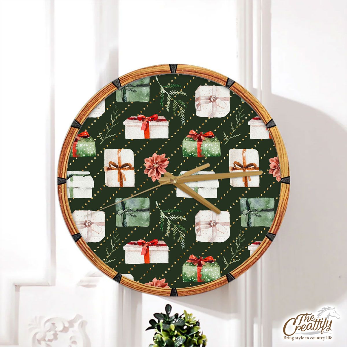 Christmas Gifts, Tree Branch Seamless Green Pattern Wall Clock