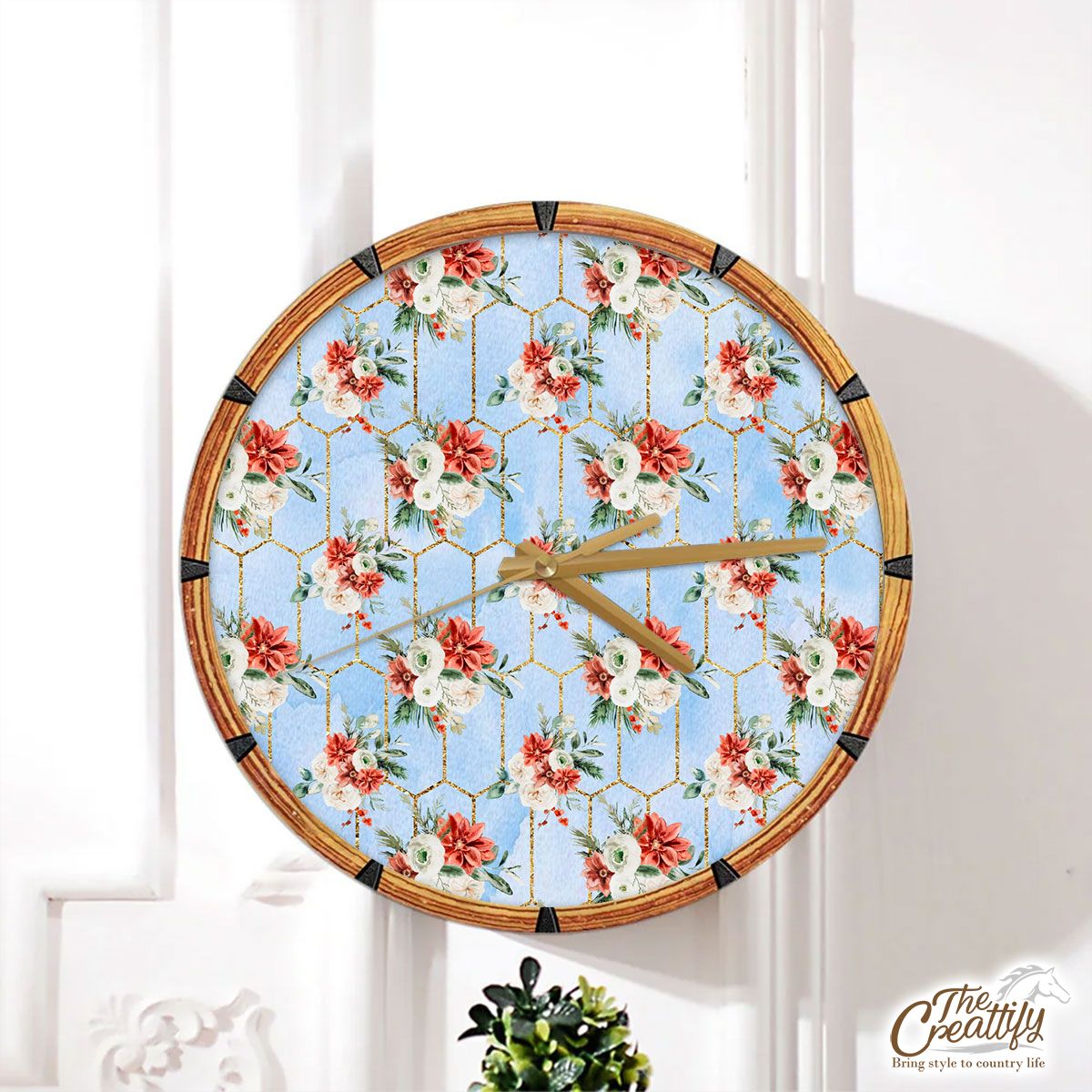 Rose Flower With Christmas Tree Branch And Mistletoe Seamless Pattern Wall Clock
