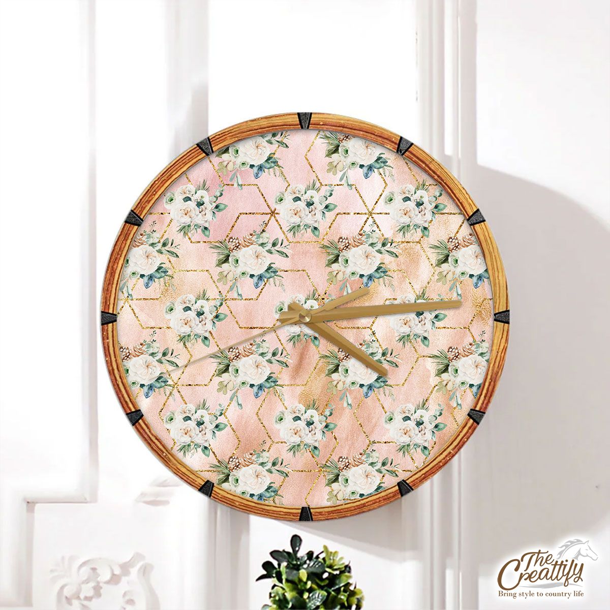 Rose Flower With Christmas Tree Branch Seamless Pattern Wall Clock