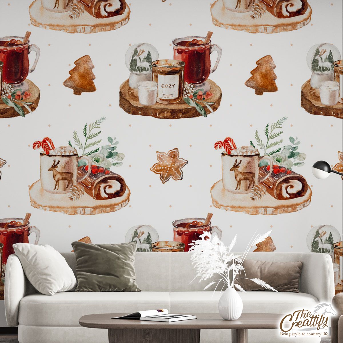 Christmas Candles, Snow Globe, Hot Cocoa, Gingerbread And Cake White Pattern Wall Mural