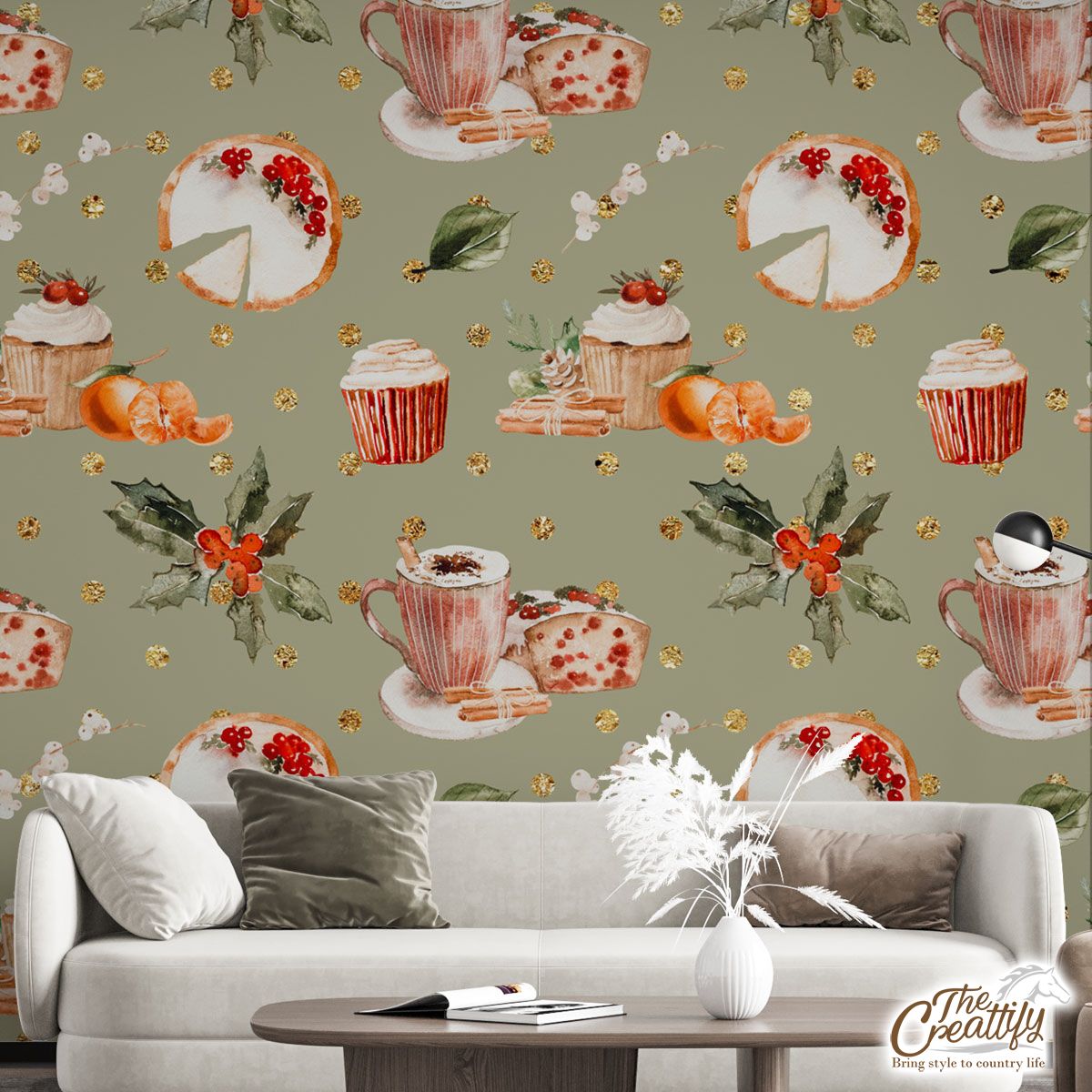 Christmas Cupcakes, Hot Cocoa, Cinnamon, Orange And Holly Leaves Seamless Pattern Wall Mural