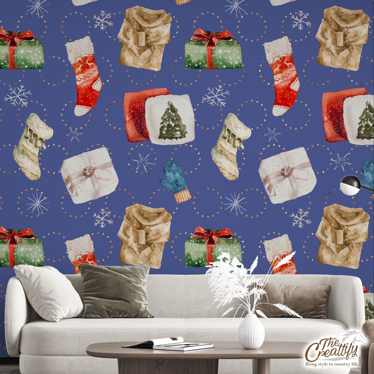 Christmas Gifts, Red Socks, Wool Gloves And Ugly Christmas Sweater Snowflake Blue Pattern Wall Mural