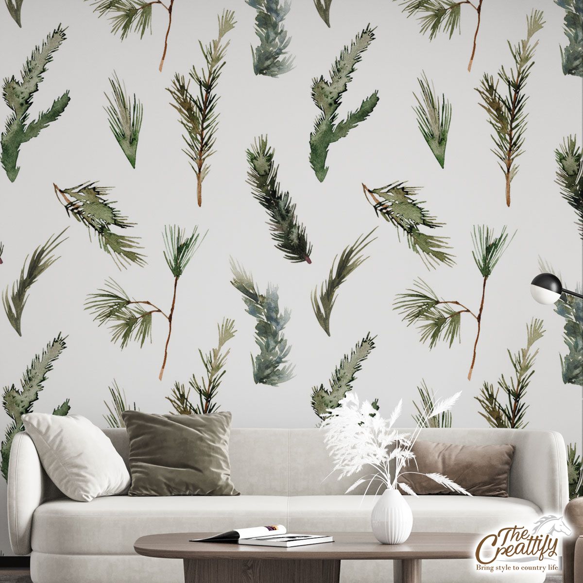 Christmas Tree Branch Seamless White Pattern Wall Mural