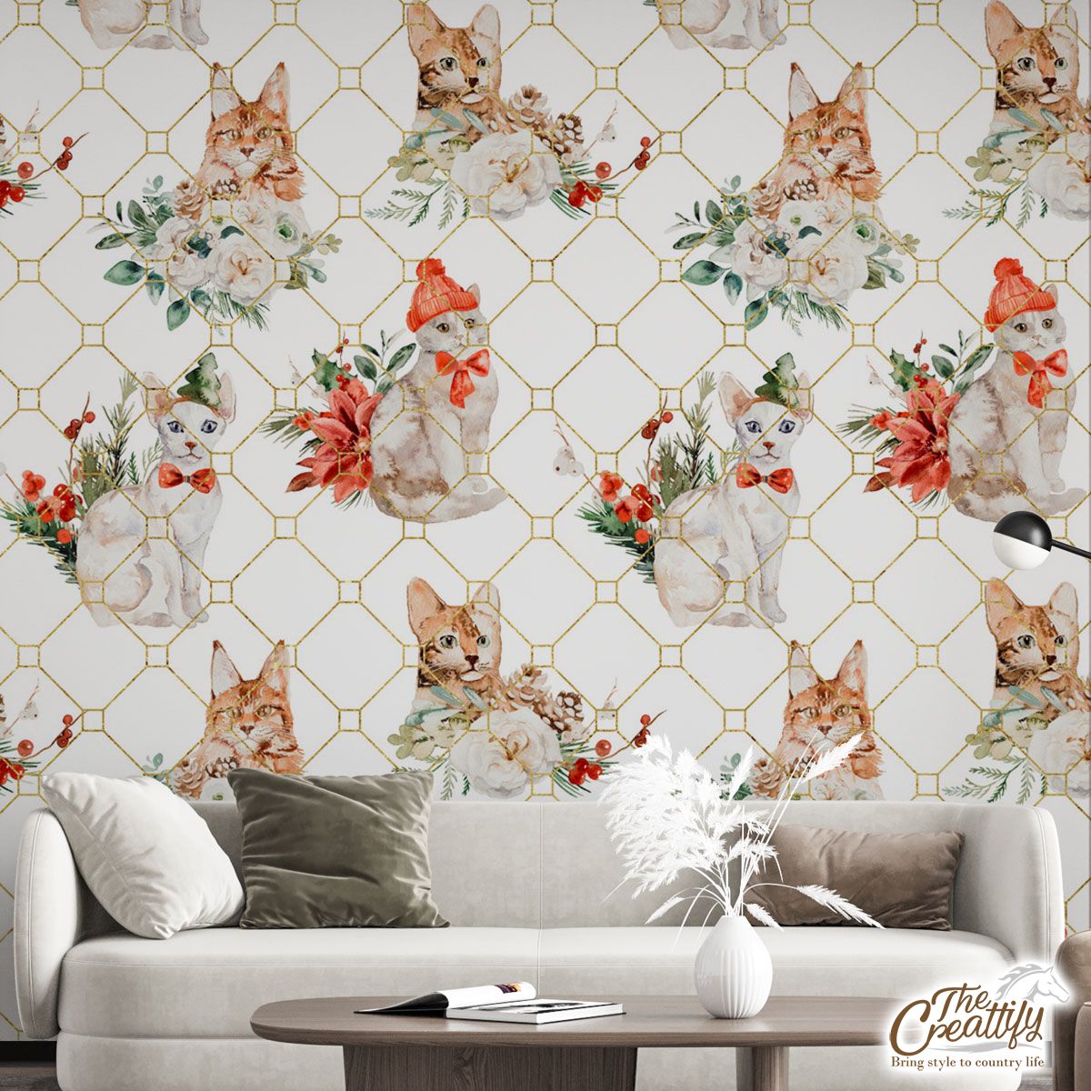 Cute Cat With Christmas Hat And Rose Flower Seamless Light Pattern Wall Mural