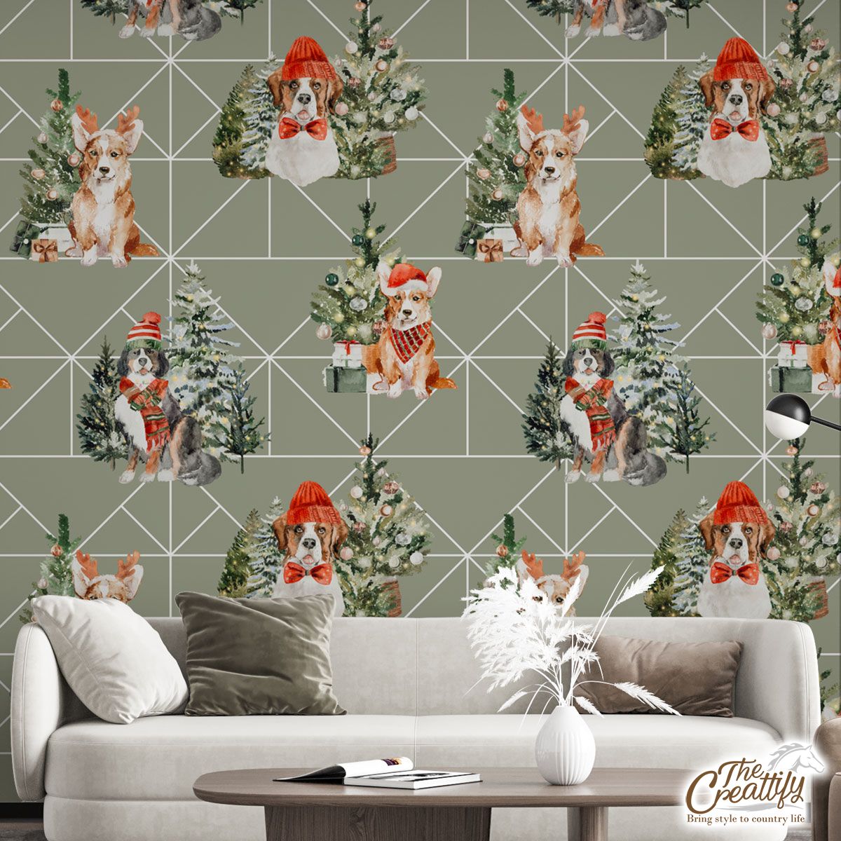 Cute Dog With Christmas Hat Near Pine Tree Seamless Pattern Wall Mural