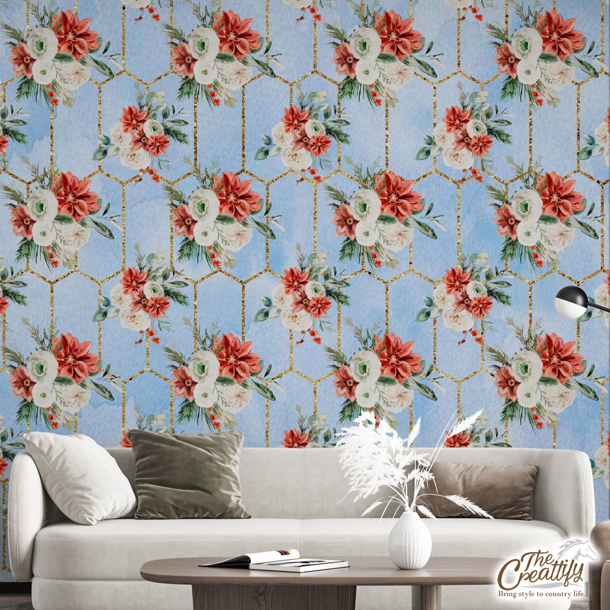 Rose Flower With Christmas Tree Branch And Mistletoe Seamless Pattern Wall Mural