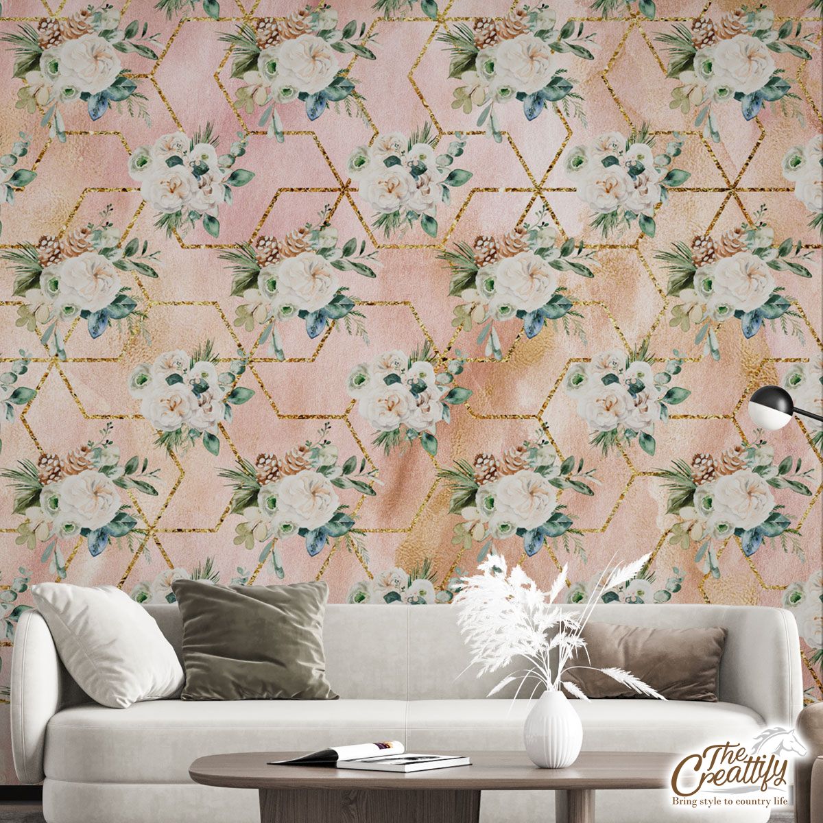 Rose Flower With Christmas Tree Branch Seamless Pattern Wall Mural