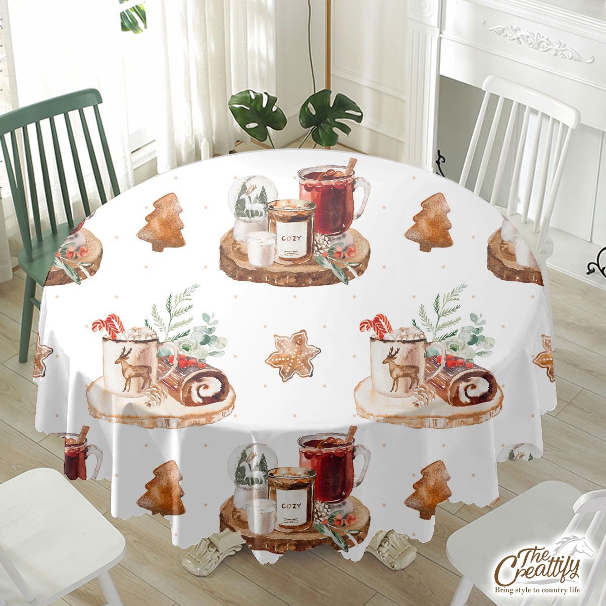 Christmas Candles, Snow Globe, Hot Cocoa, Gingerbread And Cake White Pattern Waterproof Tablecloth