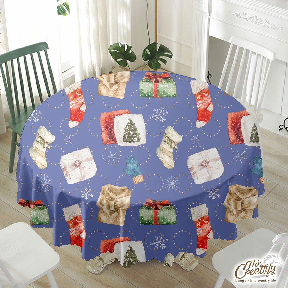 Christmas Gifts, Red Socks, Wool Gloves And Ugly Christmas Sweater Snowflake Blue Pattern Waterproof Tablecloth