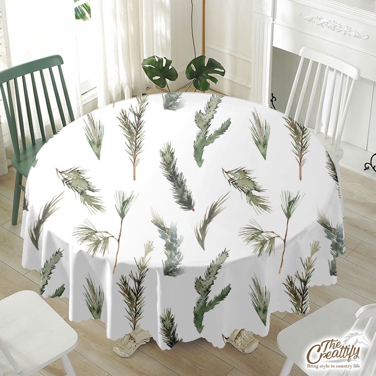 Christmas Tree Branch Seamless White Pattern Waterproof Tablecloth