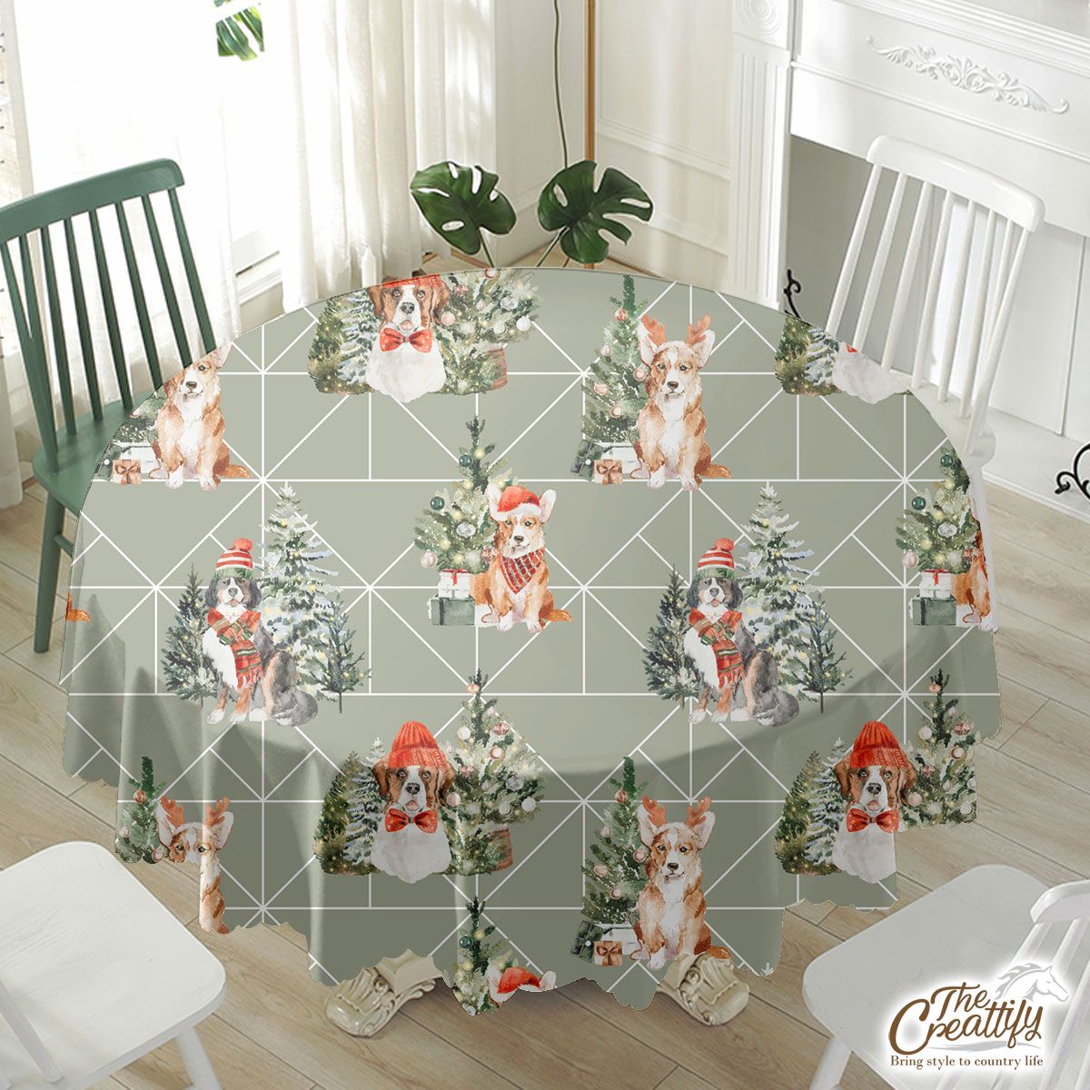 Cute Dog With Christmas Hat Near Pine Tree Seamless Pattern Waterproof Tablecloth