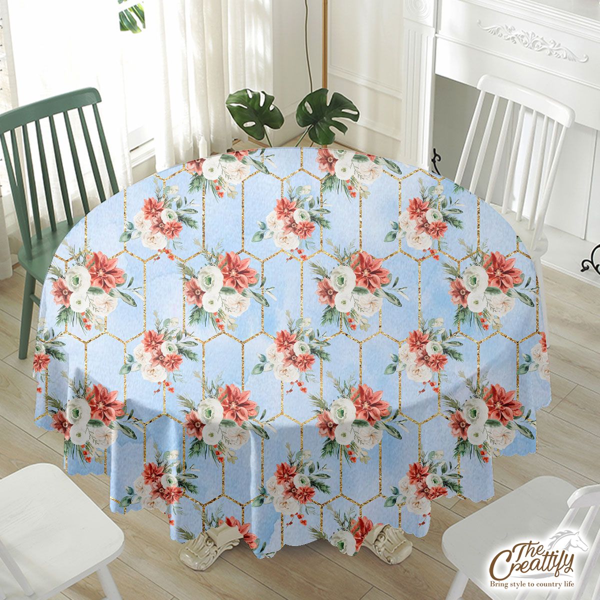 Rose Flower With Christmas Tree Branch And Mistletoe Seamless Pattern Waterproof Tablecloth