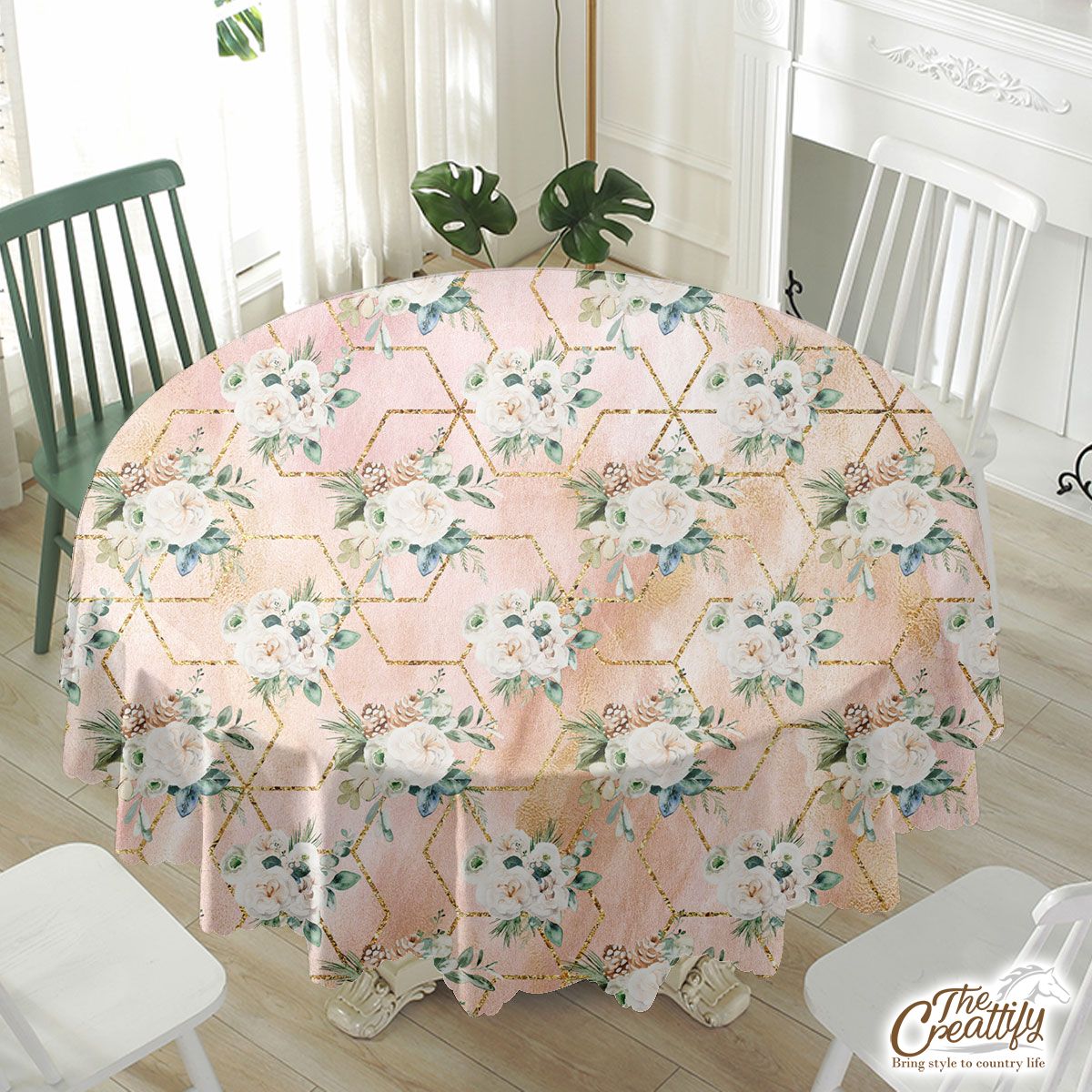 Rose Flower With Christmas Tree Branch Seamless Pattern Waterproof Tablecloth