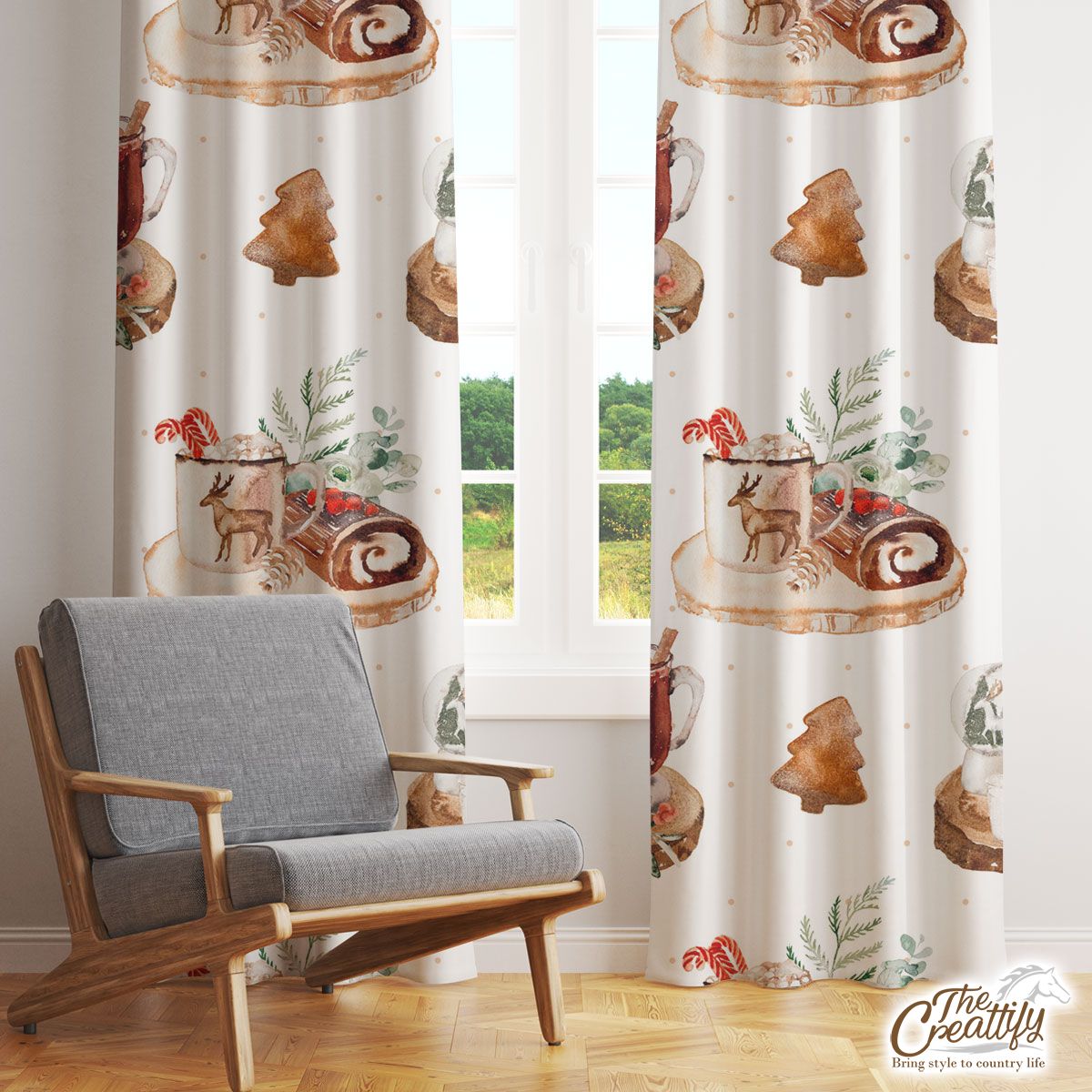 Christmas Candles, Snow Globe, Hot Cocoa, Gingerbread And Cake White Pattern Window Curtain