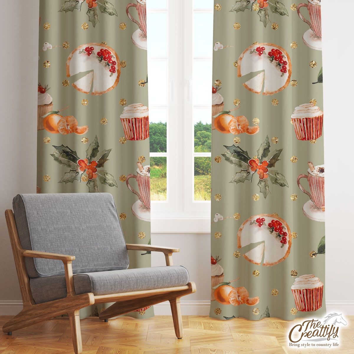 Christmas Cupcakes, Hot Cocoa, Cinnamon, Orange And Holly Leaves Seamless Pattern Window Curtain