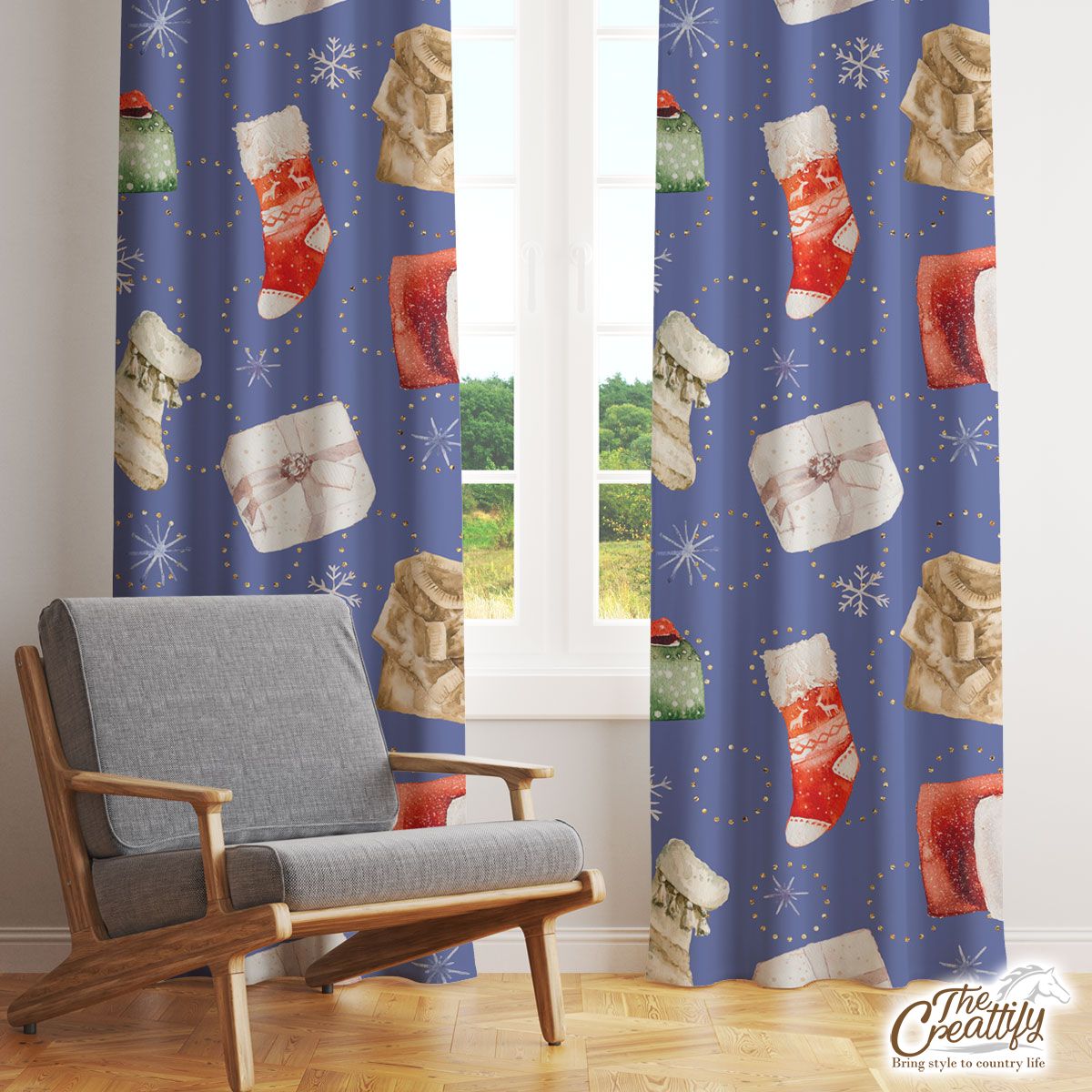 Christmas Gifts, Red Socks, Wool Gloves And Ugly Christmas Sweater Snowflake Blue Pattern Window Curtain