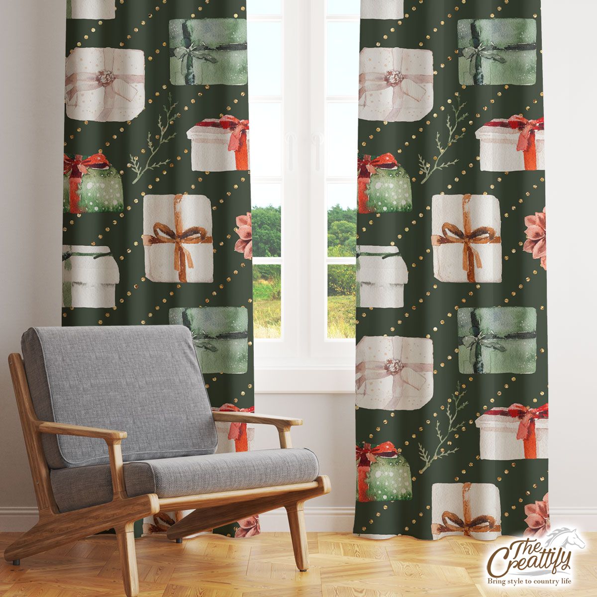 Christmas Gifts, Tree Branch Seamless Green Pattern Window Curtain
