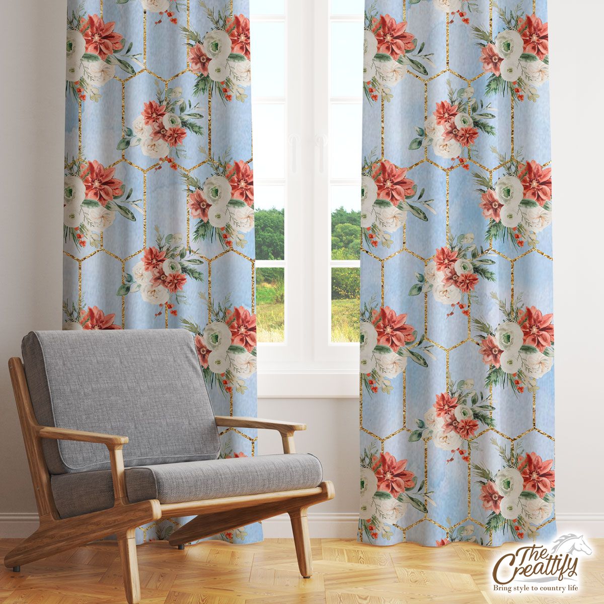 Rose Flower With Christmas Tree Branch And Mistletoe Seamless Pattern Window Curtain