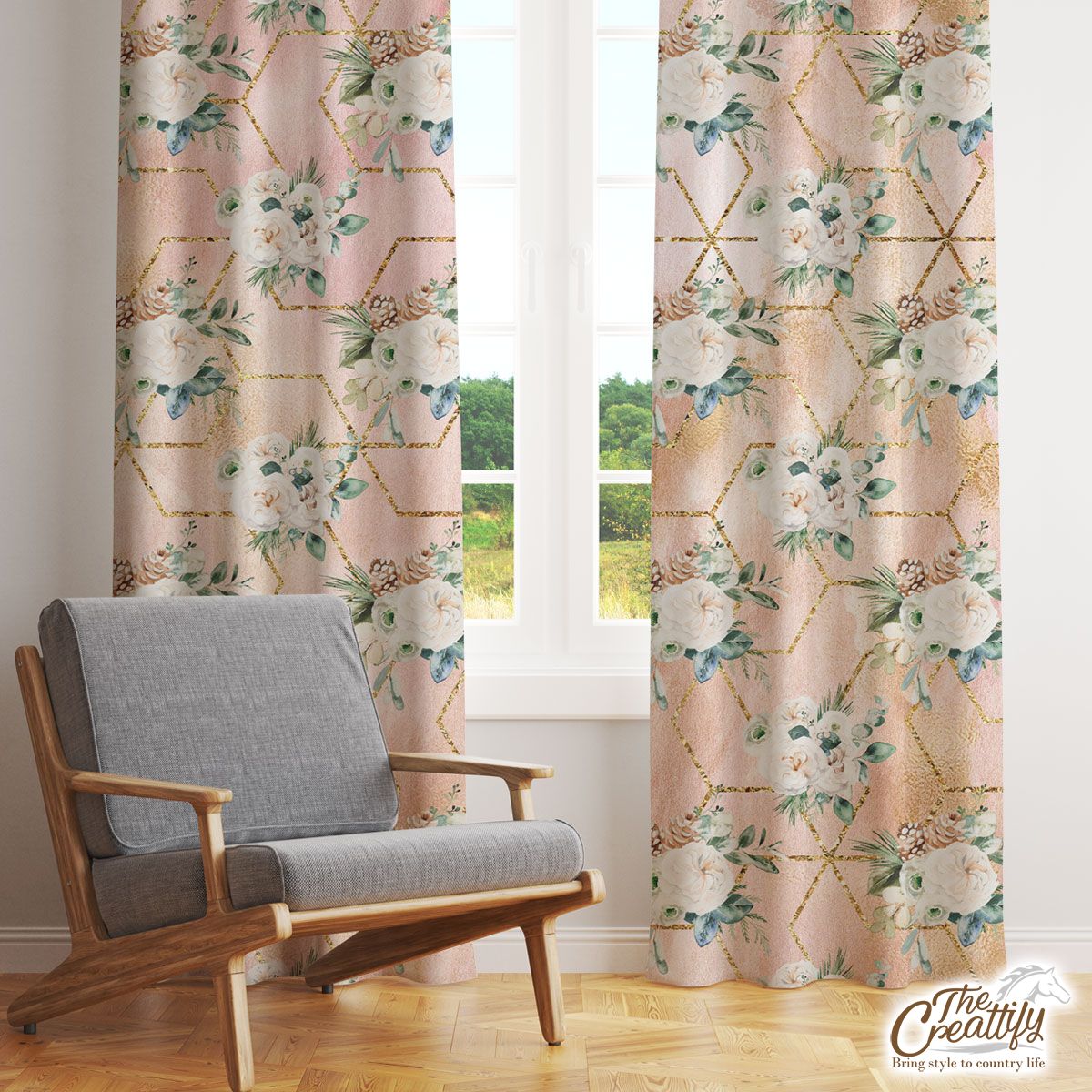 Rose Flower With Christmas Tree Branch Seamless Pattern Window Curtain