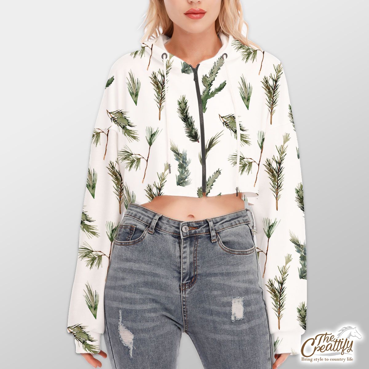 Christmas Tree Branch Seamless White Pattern Hoodie With Zipper Closure