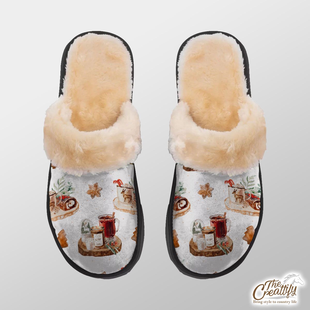 Christmas Candles, Snow Globe, Hot Cocoa, Gingerbread And Cake White Pattern Home Plush Slippers