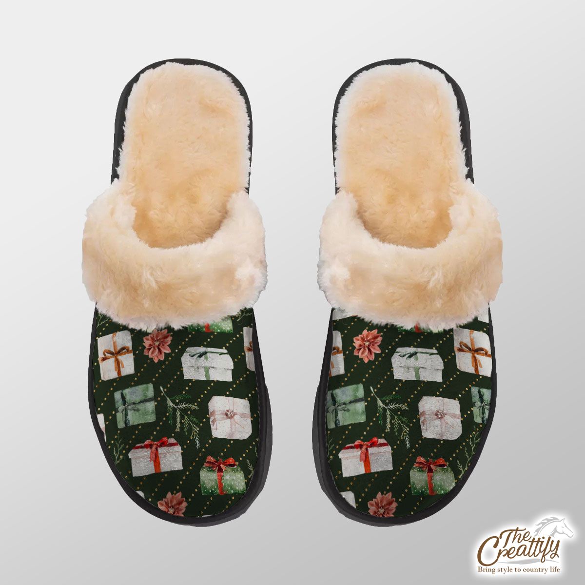 Christmas Gifts, Tree Branch Seamless Green Pattern Home Plush Slippers
