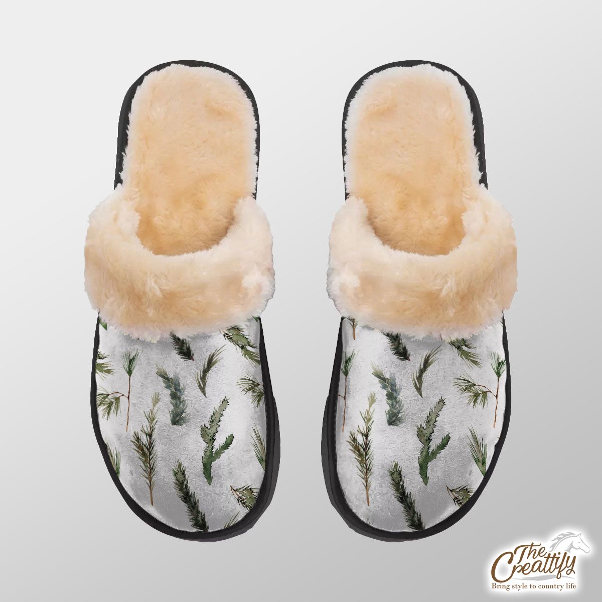 Christmas Tree Branch Seamless White Pattern Home Plush Slippers