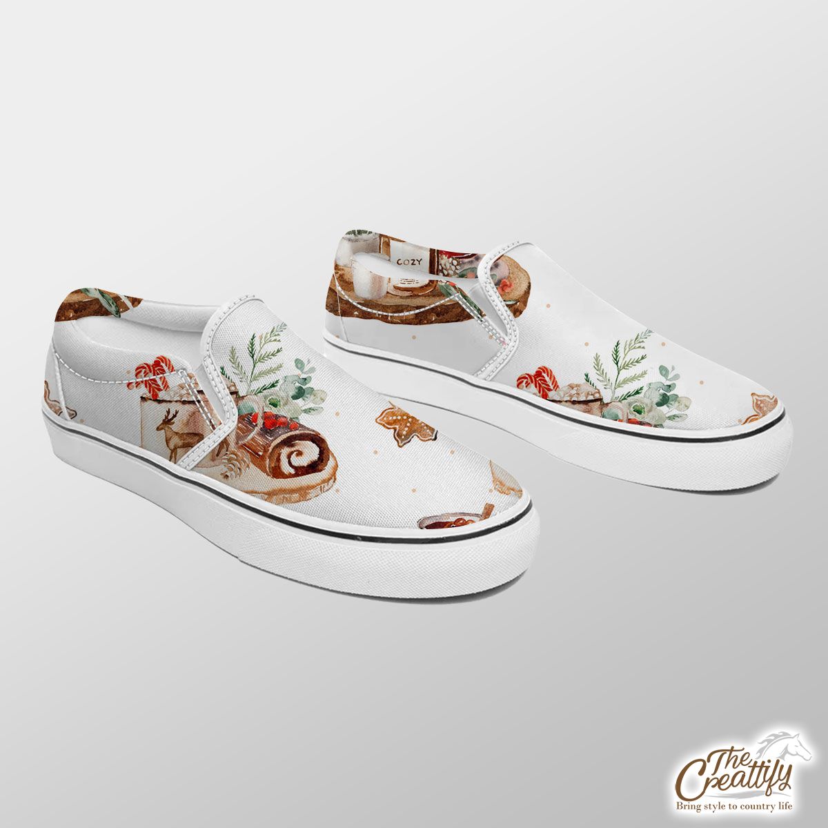Christmas Candles, Snow Globe, Hot Cocoa, Gingerbread And Cake White Pattern Slip On Sneakers