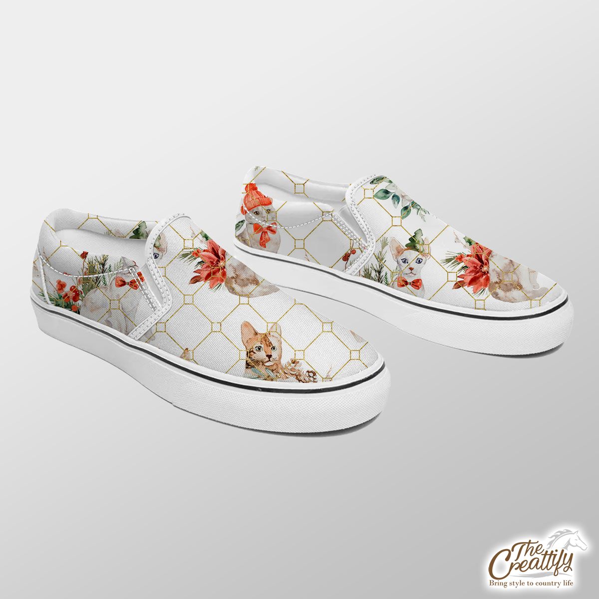 Cute Cat With Christmas Hat And Rose Flower Seamless Light Pattern Slip On Sneakers