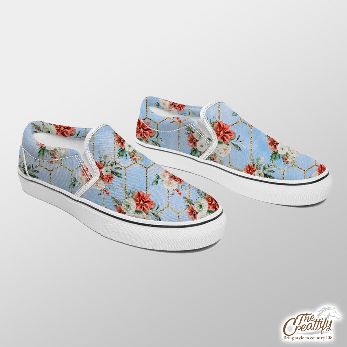 Rose Flower With Christmas Tree Branch And Mistletoe Seamless Pattern Slip On Sneakers