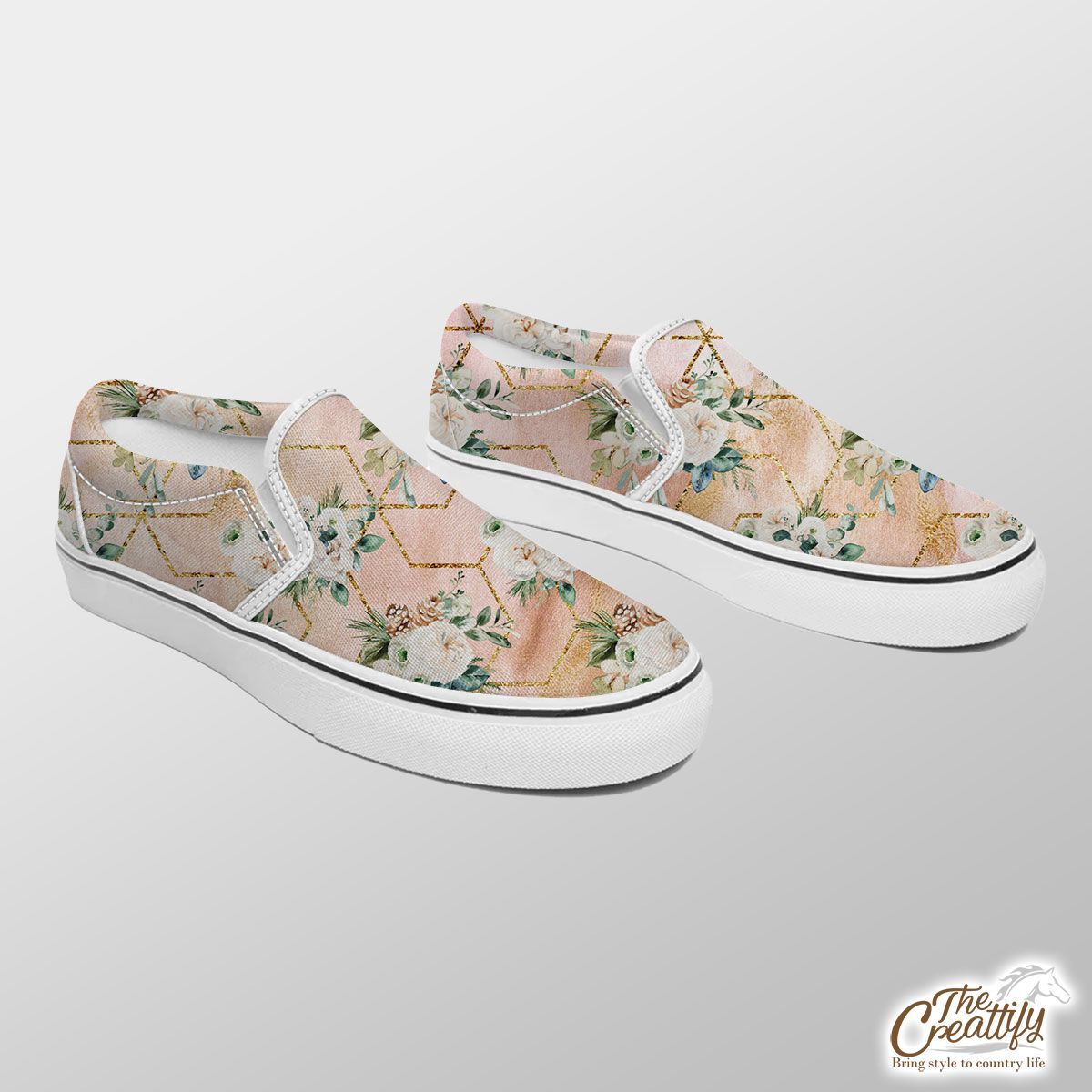 Rose Flower With Christmas Tree Branch Seamless Pattern Slip On Sneakers