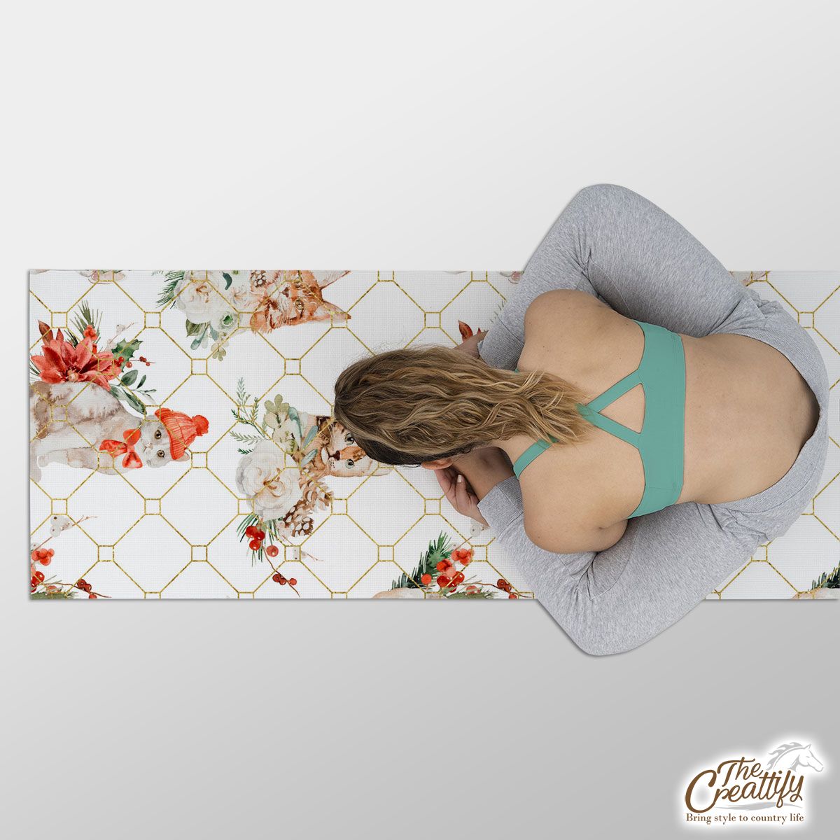 Cute Cat With Christmas Hat And Rose Flower Seamless Light Pattern Yoga Mat