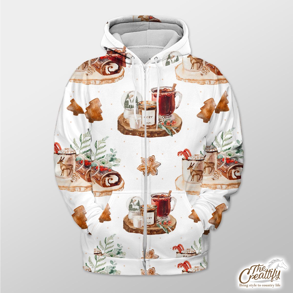 Christmas Candles, Snow Globe, Hot Cocoa, Gingerbread And Cake White Pattern Zip Hoodie
