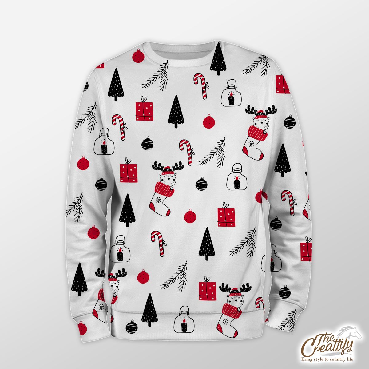 Reindeer Clipart In Hand Drawn Red Socks, Christmas Balls, Candy Canes, And Christmas Gifts Seamless White Pattern Sweatshirt
