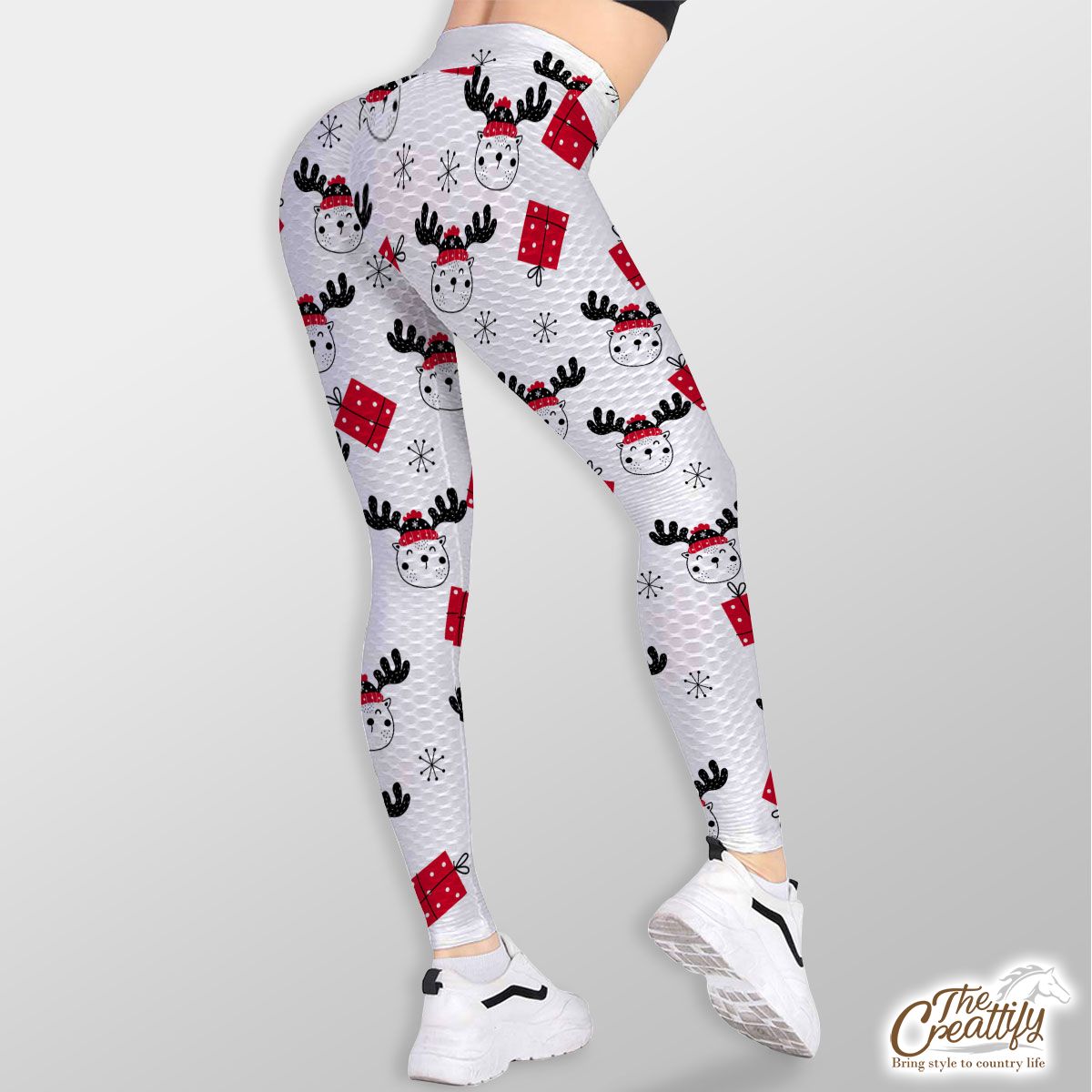 Hand Drawn Christmas Gifts, Reindeer Clipart And Snowflake Clipart Seamless White Pattern TikTok Leggings