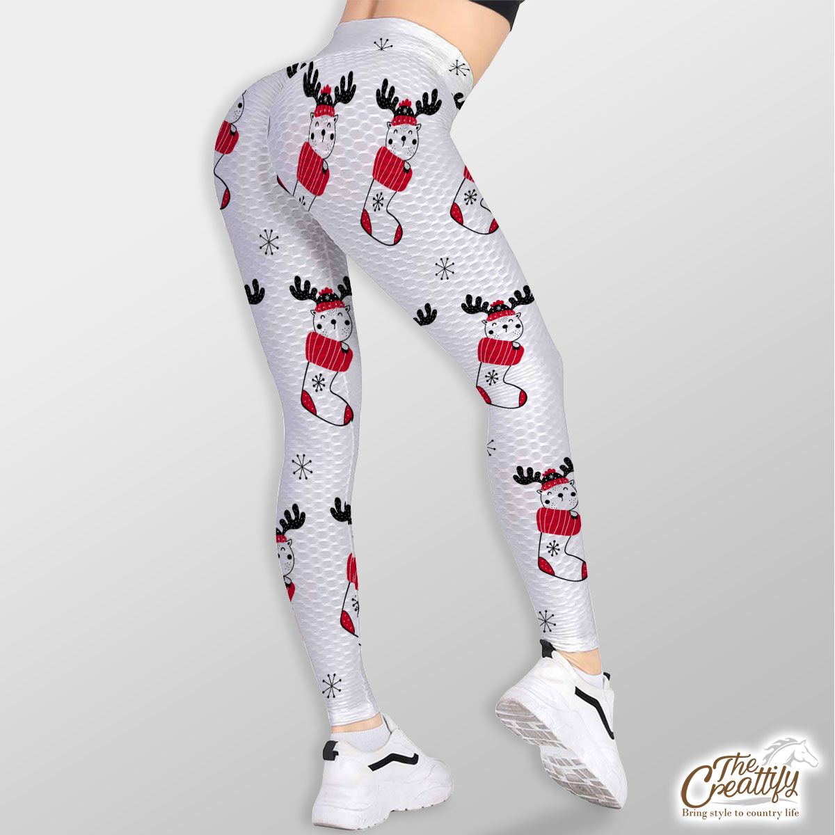 Reindeer Clipart In Hand Drawn Red Socks And Snowflake Clipart Seamless White Pattern TikTok Leggings