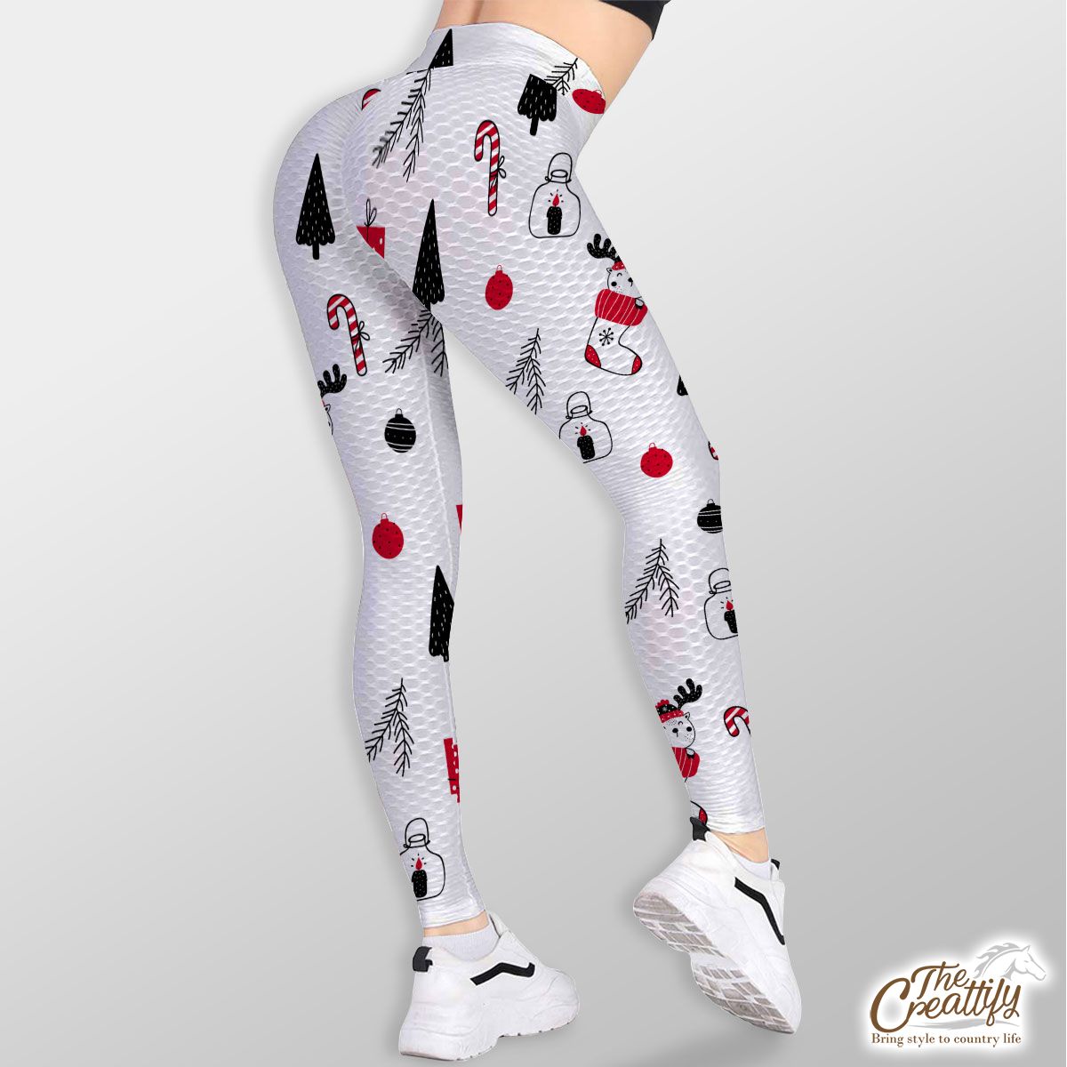 Reindeer Clipart In Hand Drawn Red Socks, Christmas Balls, Candy Canes, And Christmas Gifts Seamless White Pattern TikTok Leggings