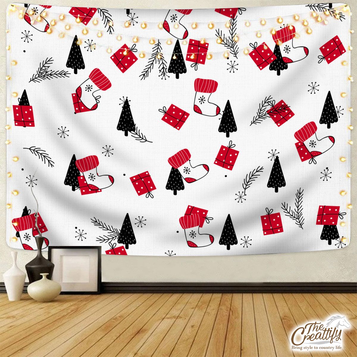Hand Drawn Red Socks, Christmas Gifts, Pine Tree Silhouette And Snowflake Clipart Seamless White Pattern Tapestry