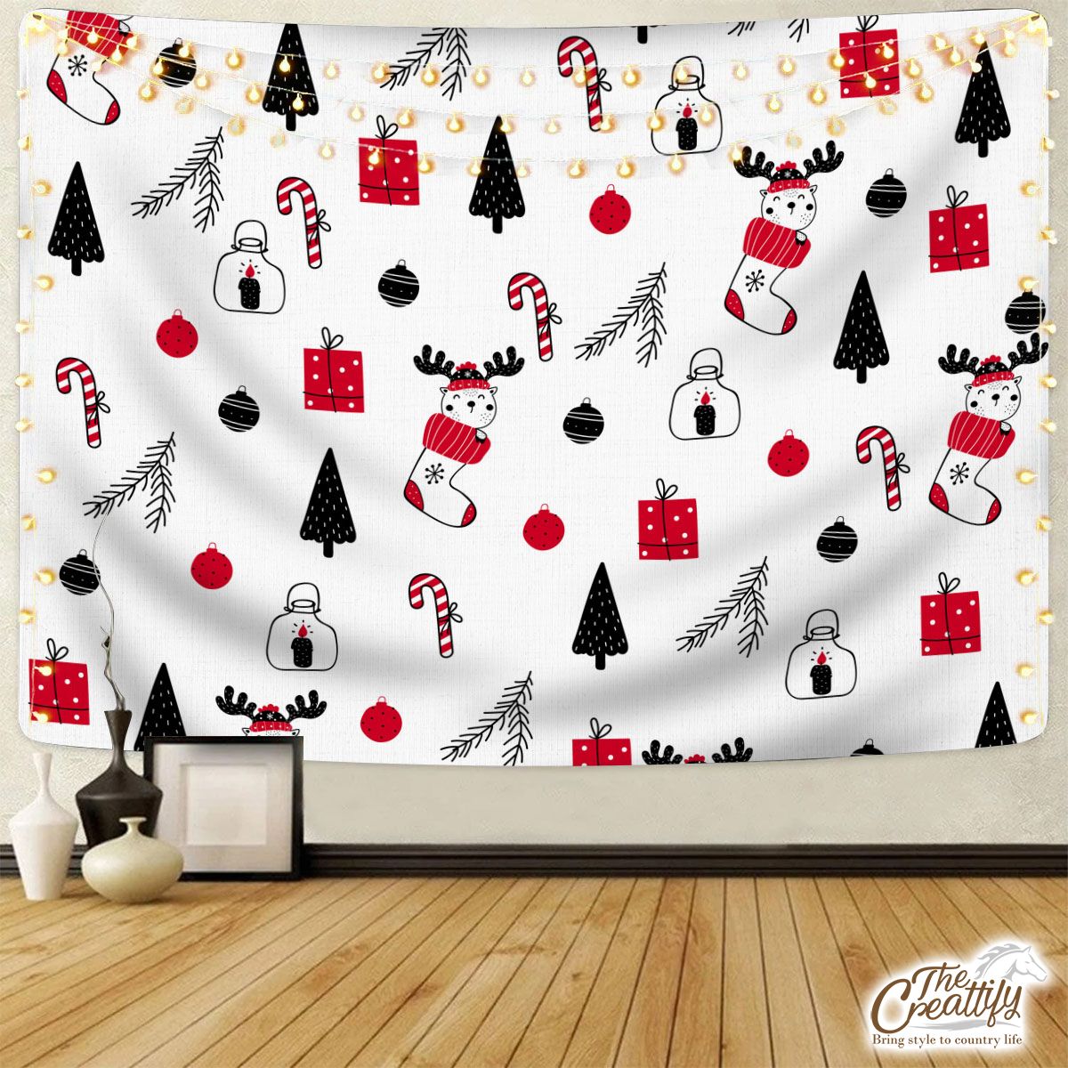 Reindeer Clipart In Hand Drawn Red Socks, Christmas Balls, Candy Canes, And Christmas Gifts Seamless White Pattern Tapestry