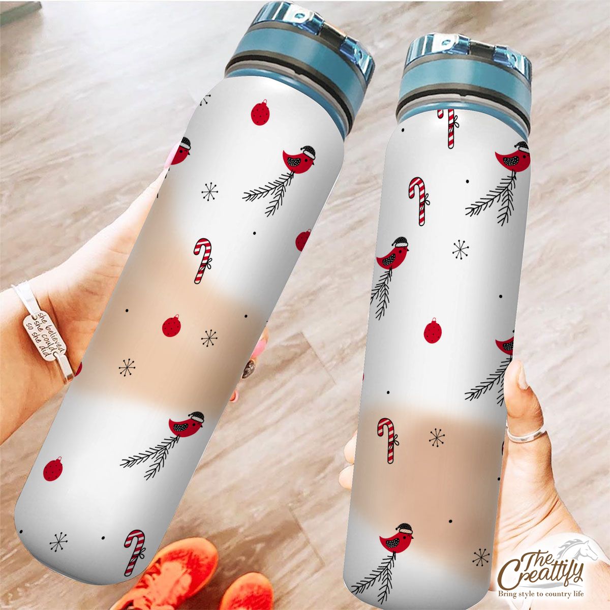 Cardinal Bird With Santa Hat, Candy Canes, Christmas Balls And Snowflake Clipart Seamless White Pattern Tracker Bottle