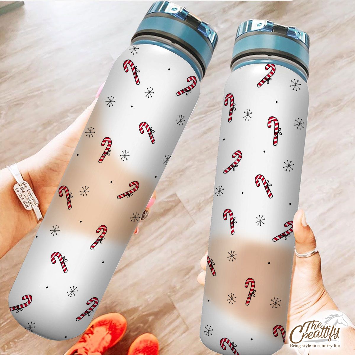 Hand Drawn Candy Canes, Snowflake Clipart Seamless White Pattern Tracker Bottle