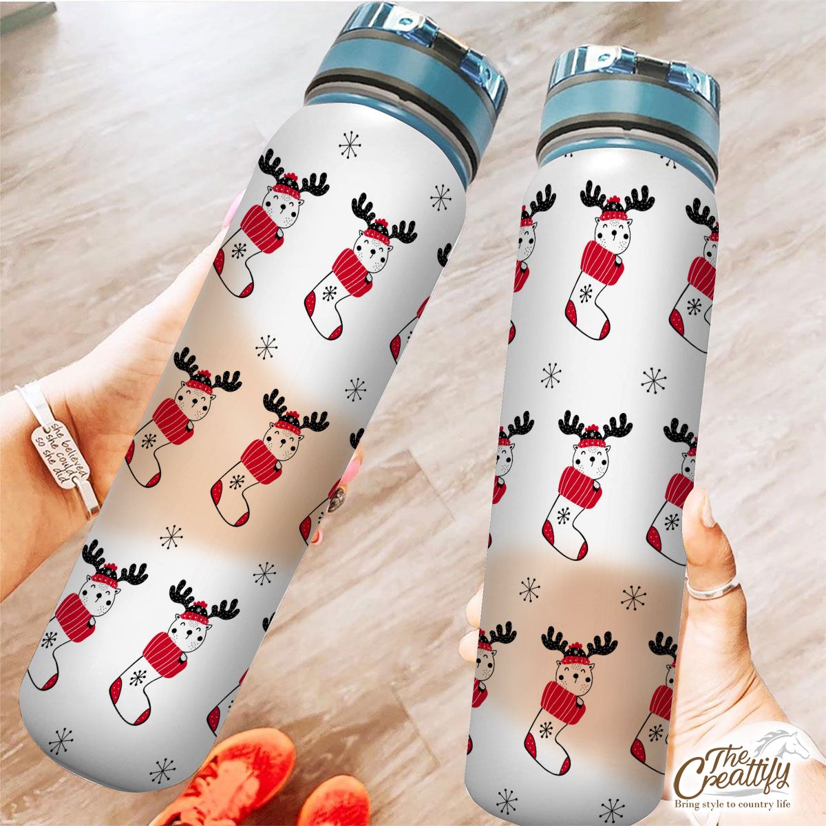 Reindeer Clipart In Hand Drawn Red Socks And Snowflake Clipart Seamless White Pattern Tracker Bottle