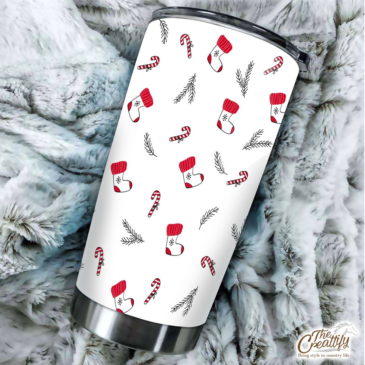 Hand Drawn Red Socks, Christmas Tree Branch And Candy Canes White Pattern Tumbler