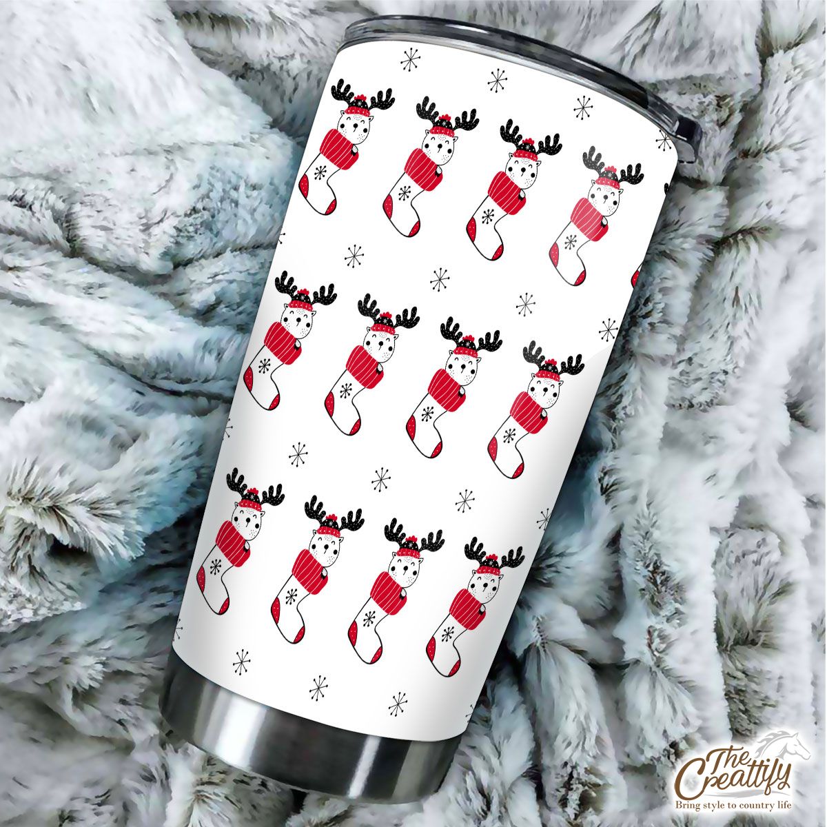 Reindeer Clipart In Hand Drawn Red Socks And Snowflake Clipart Seamless White Pattern Tumbler